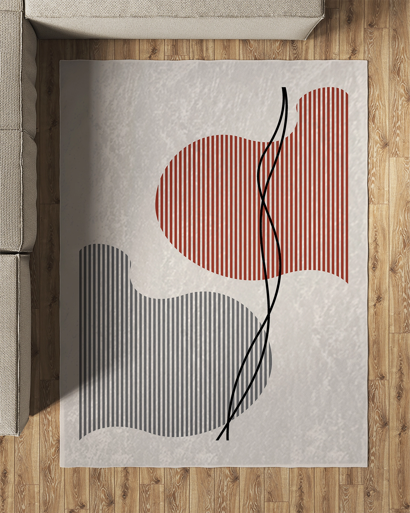 Bej Zemin Geometrik Çizgili Modern Salon Halısı