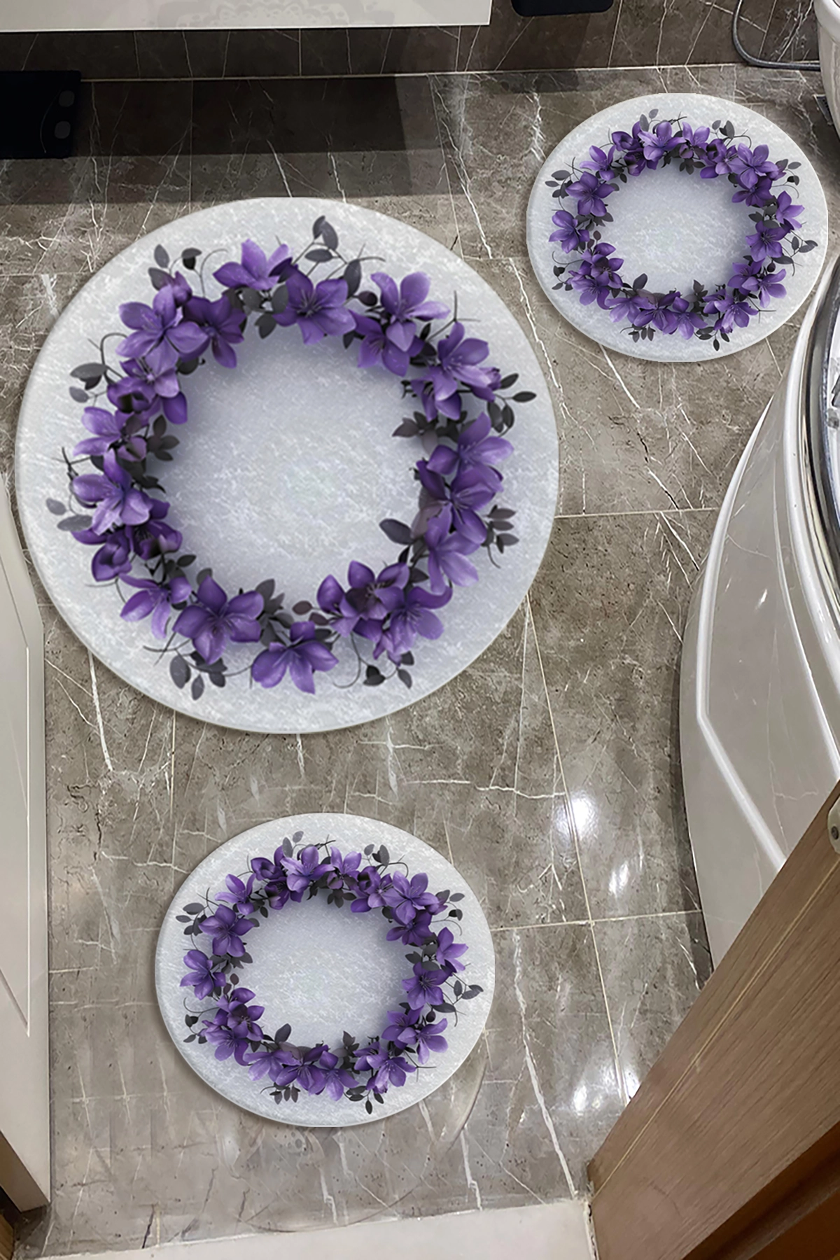 Mor Çiçekli Banyo Paspas Seti Dot Taban-Premium Serisi