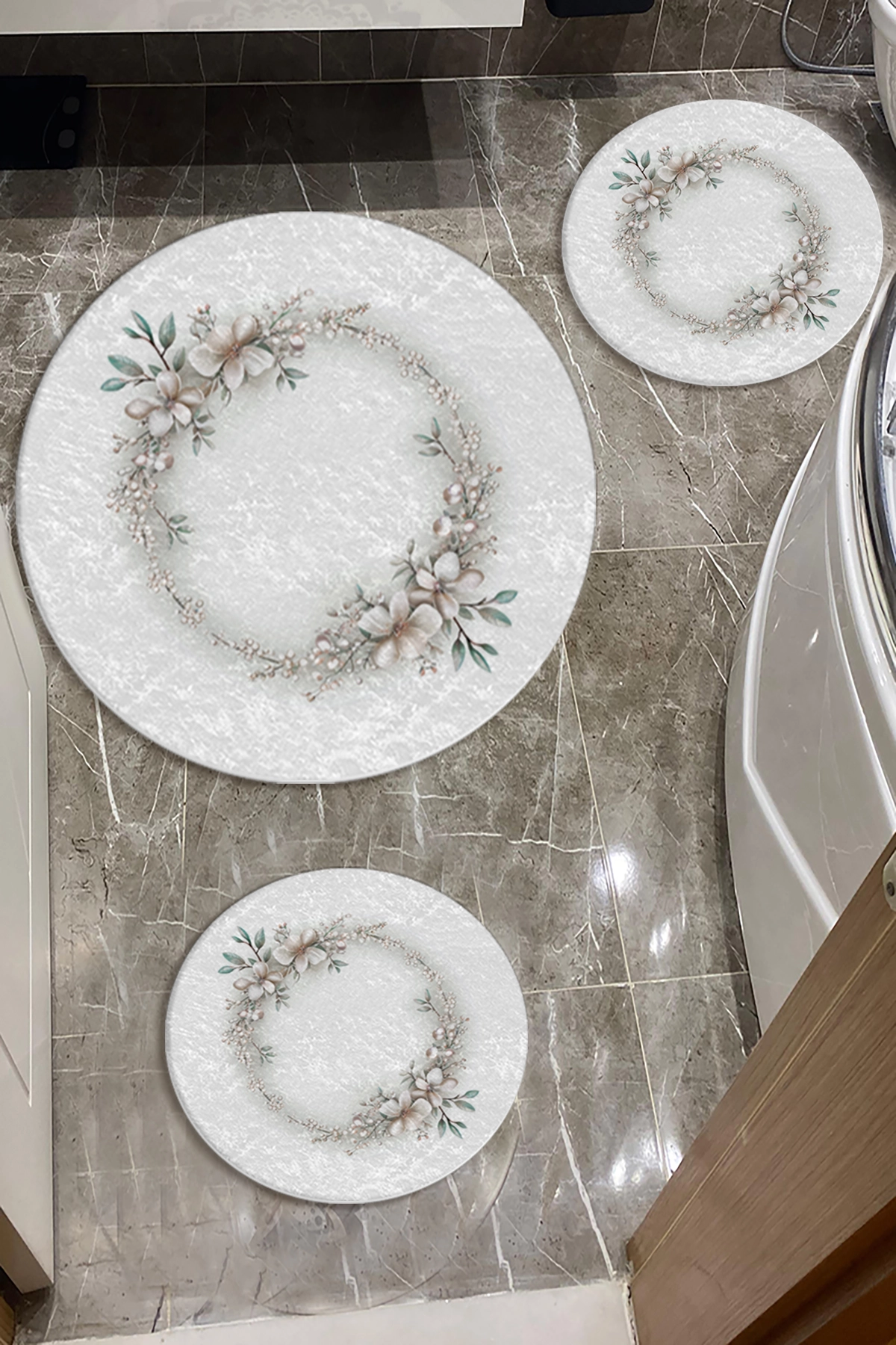 Çiçekli Banyo Paspas Seti Dot Taban-Premium Serisi