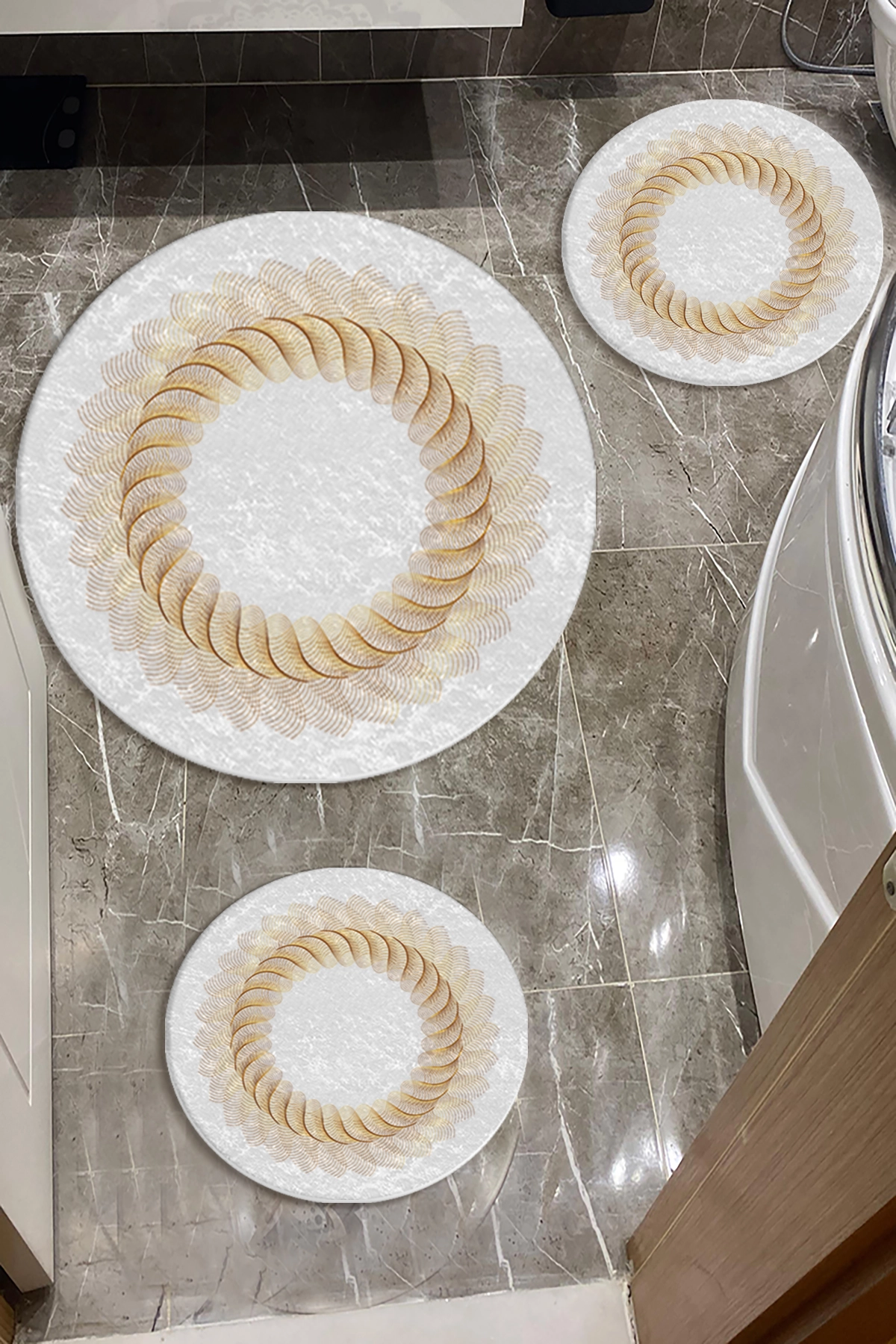 Gold Çizgiler Banyo Paspas Seti Dot Taban-Premium Serisi
