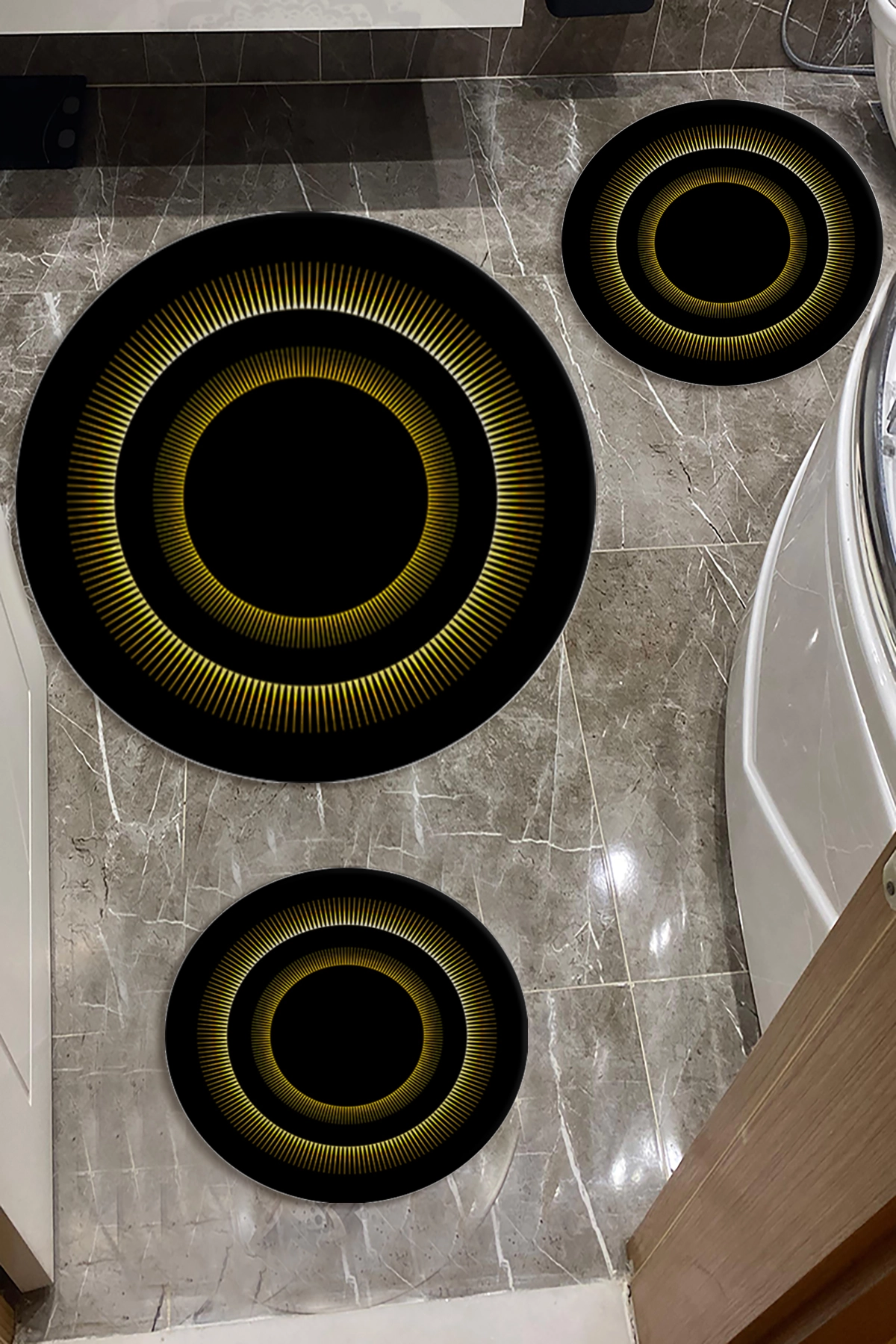 Siyah Zemin Gold Banyo Paspas Seti Dot Taban-Premium Serisi