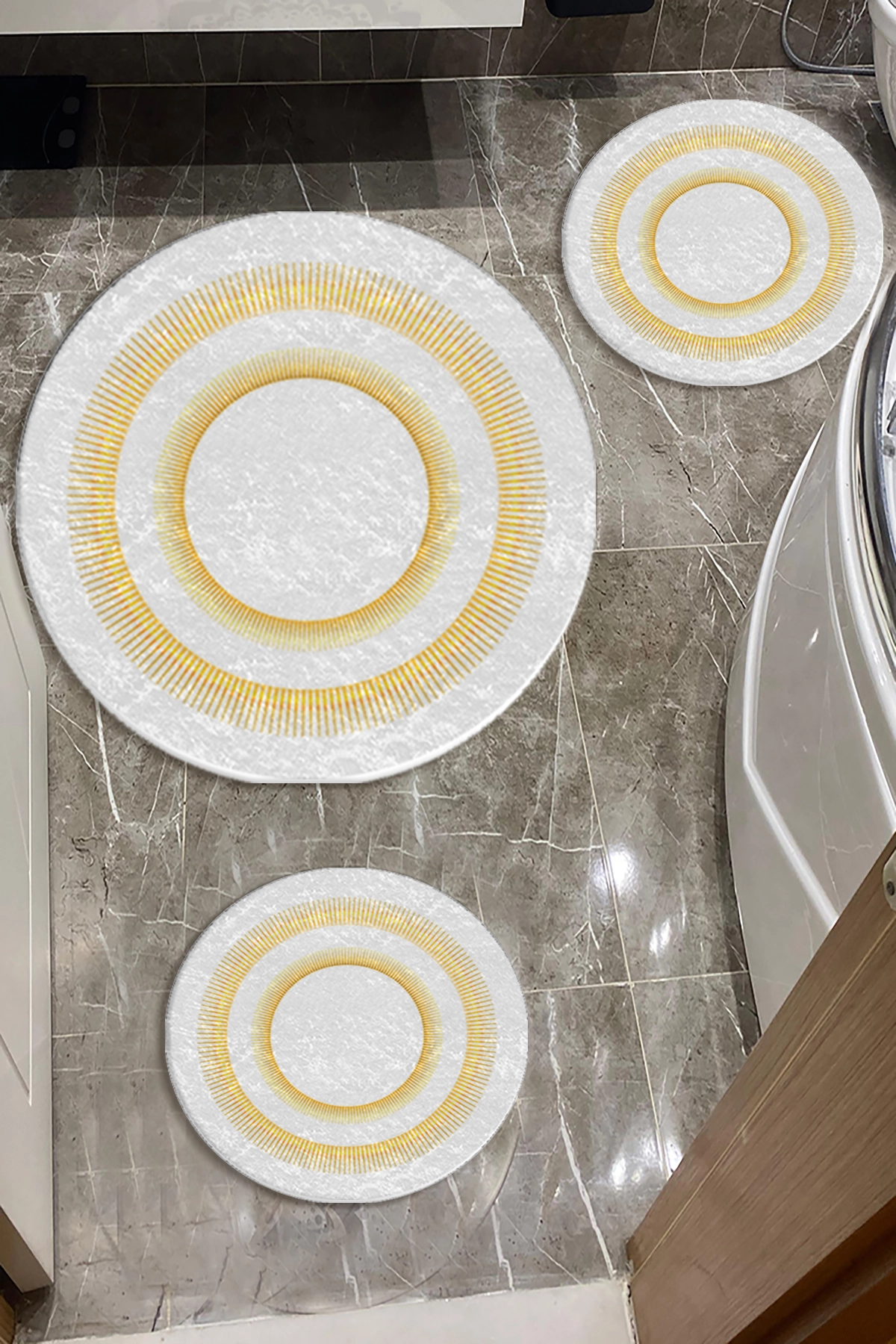 Gold Çizgiler Banyo Paspas Seti Dot Taban-Premium Serisi