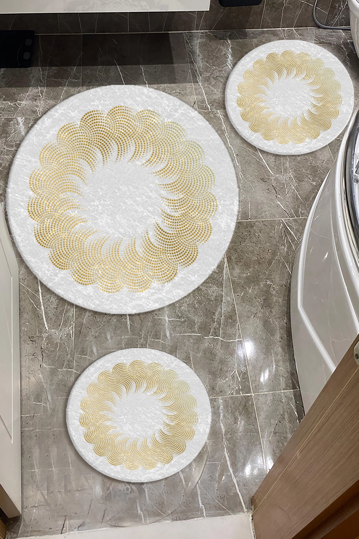 Gold Çizgiler Banyo Paspas Seti Dot Taban-Premium Serisi