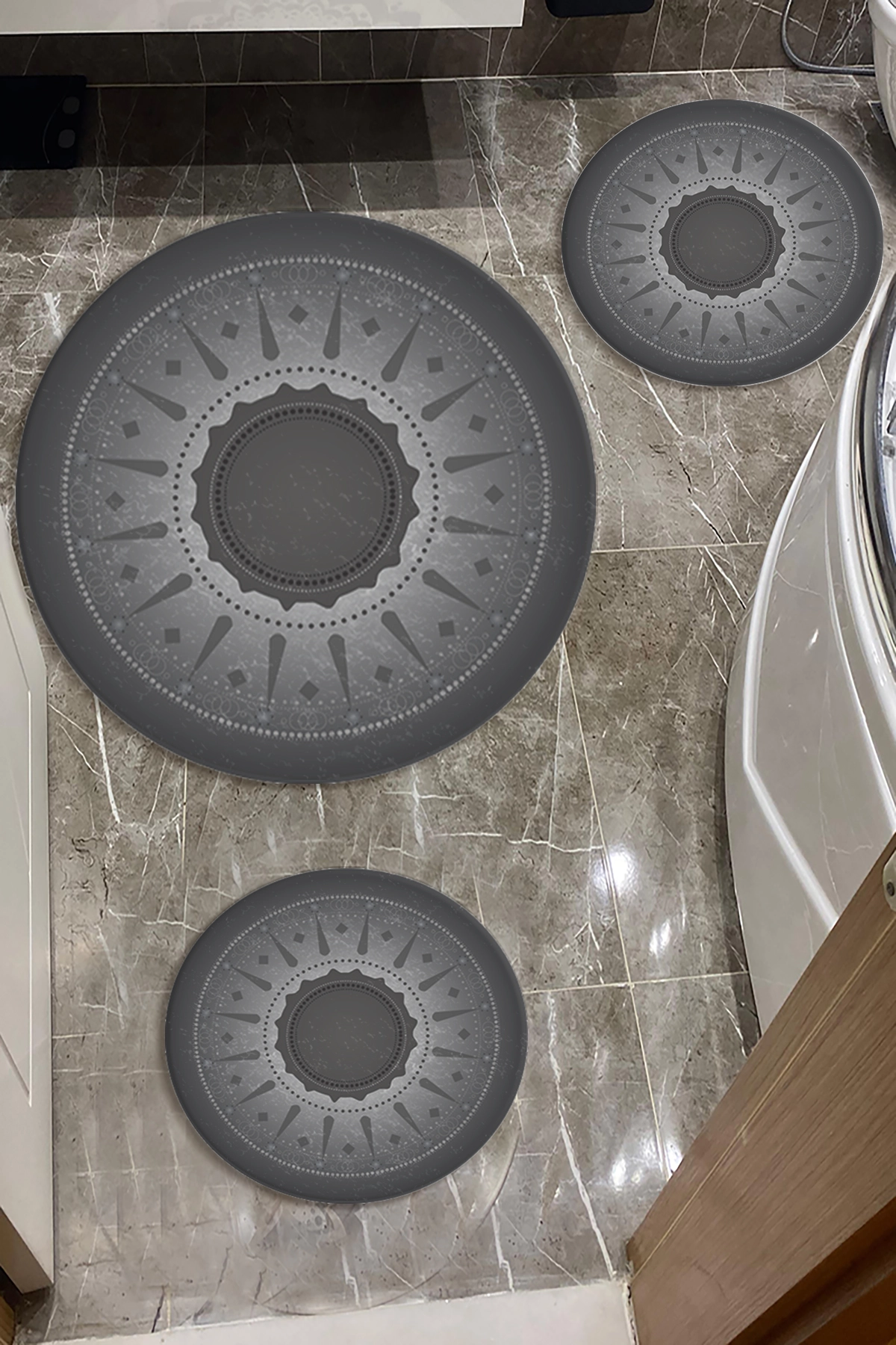 Gri Tonları Banyo Paspas Seti Dot Taban-Premium Serisi