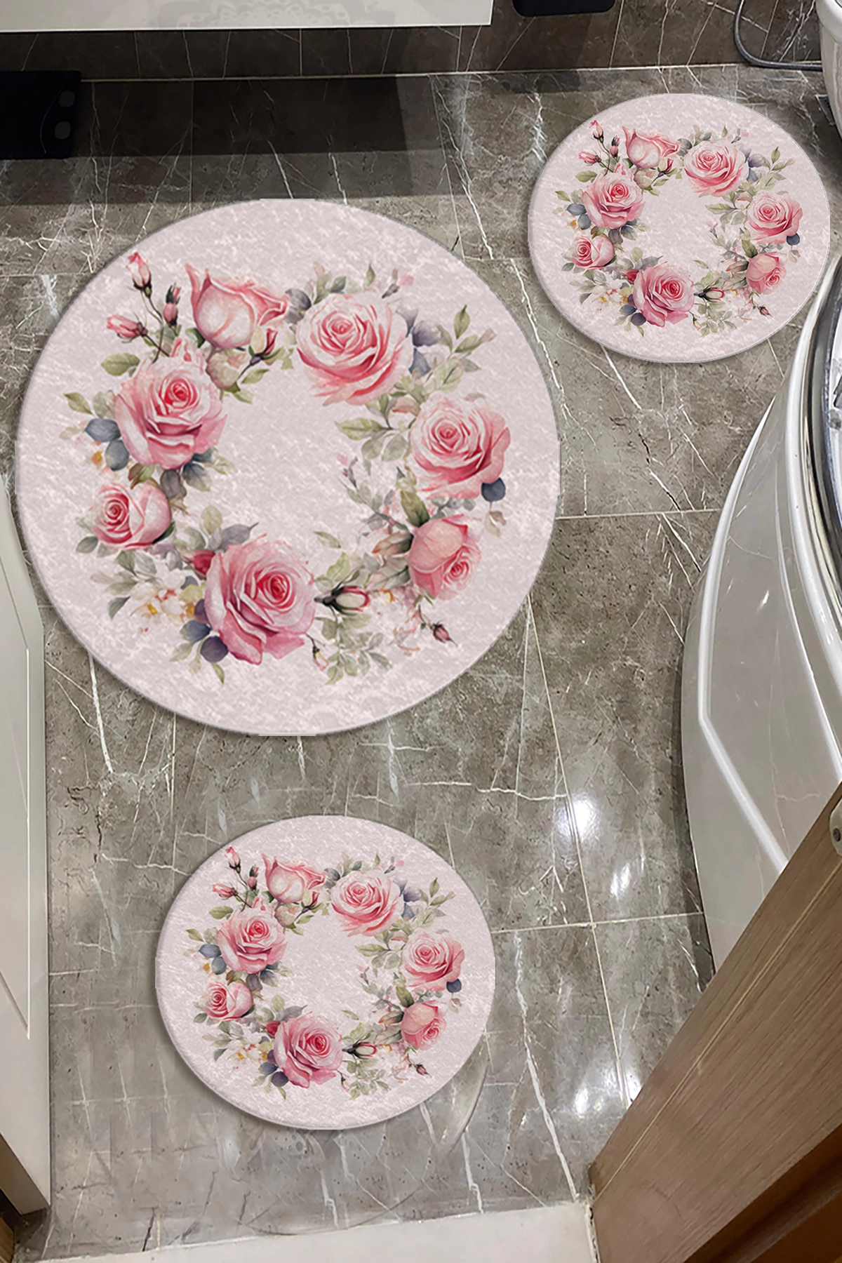 Gül Desenli Banyo Paspas Seti Dot Taban-Premium Serisi