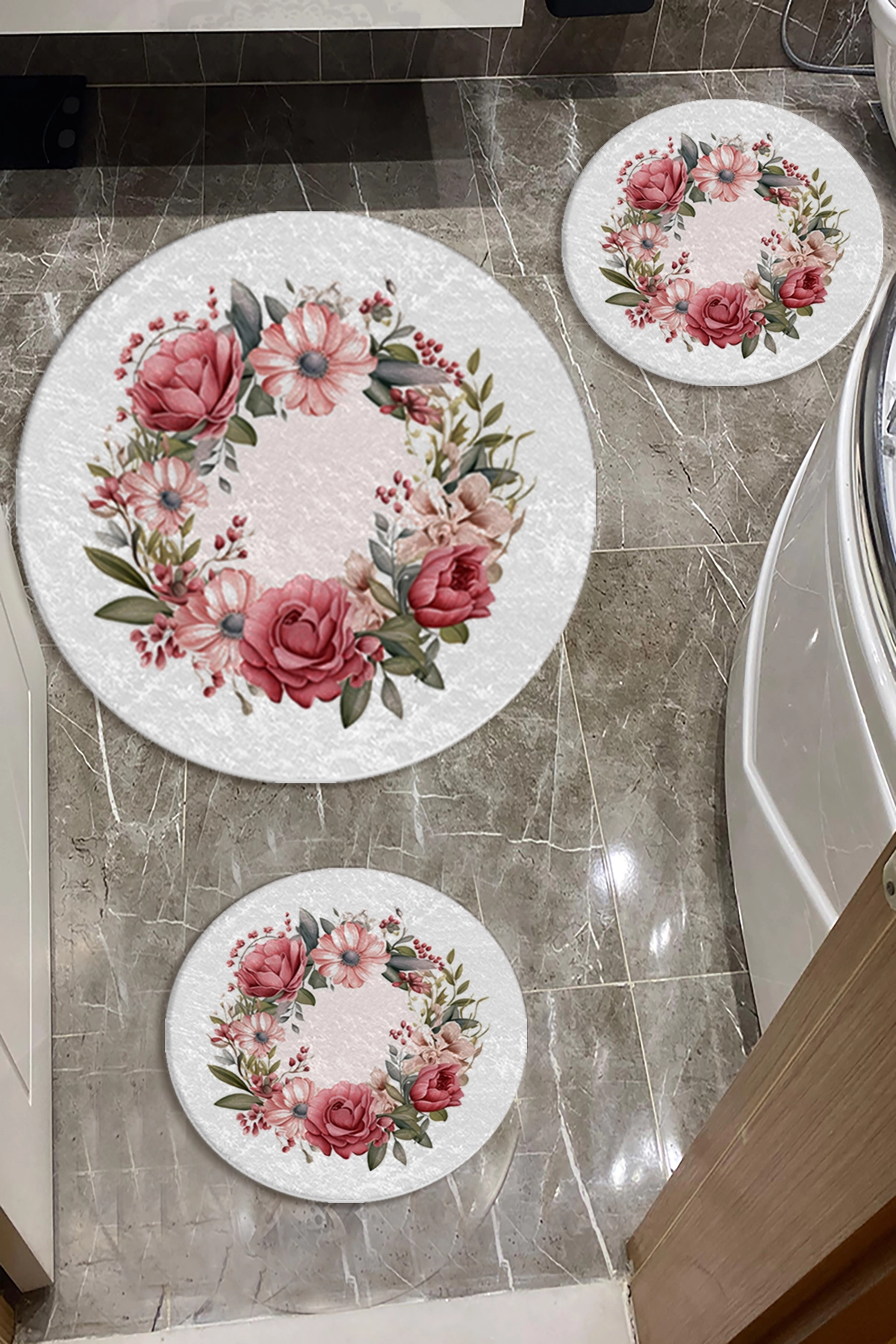 Çiçek Desenli Banyo Paspas Seti Dot Taban-Premium Serisi