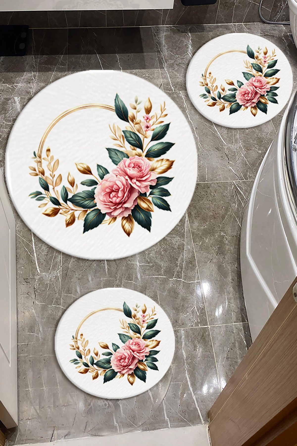 Gold Çizgili Çiçekli Banyo Paspas Seti Kalın Kalite-Premium Serisi