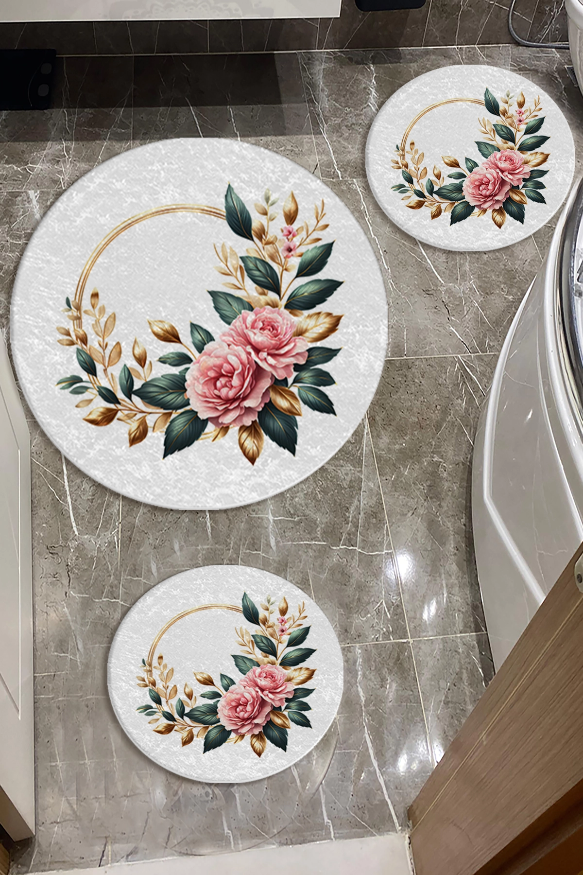 Gold Çizgili Çiçekli Banyo Paspas Seti Dot Taban-Premium Serisi