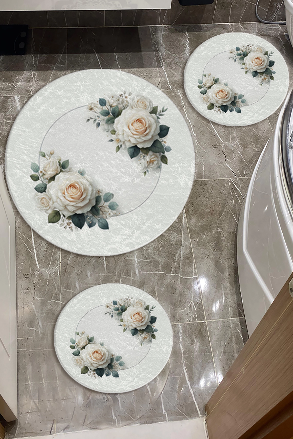 Çizgili Çiçekli Banyo Paspas Seti Dot Taban-Premium Serisi