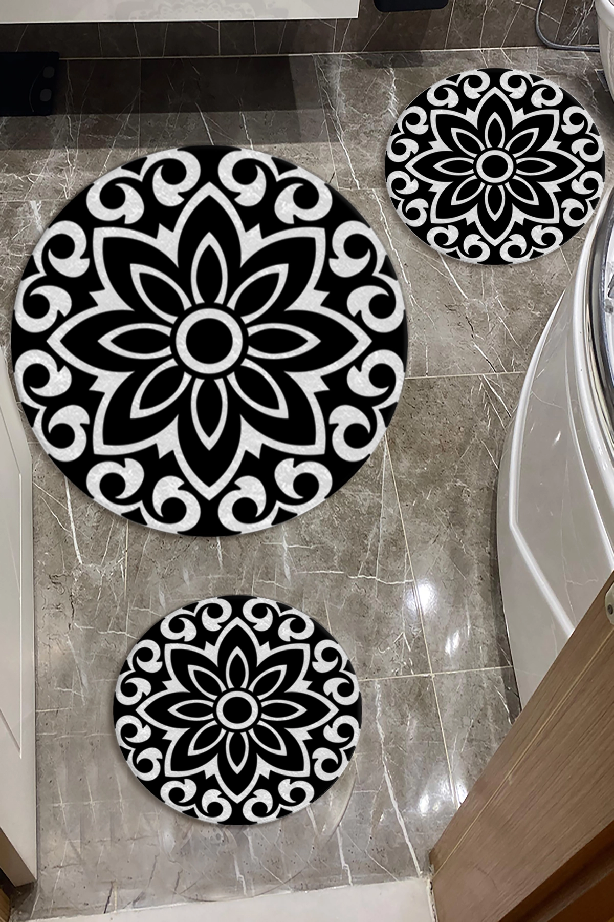 Siyah Beyaz Banyo Paspas Seti Dot Taban-Premium Serisi