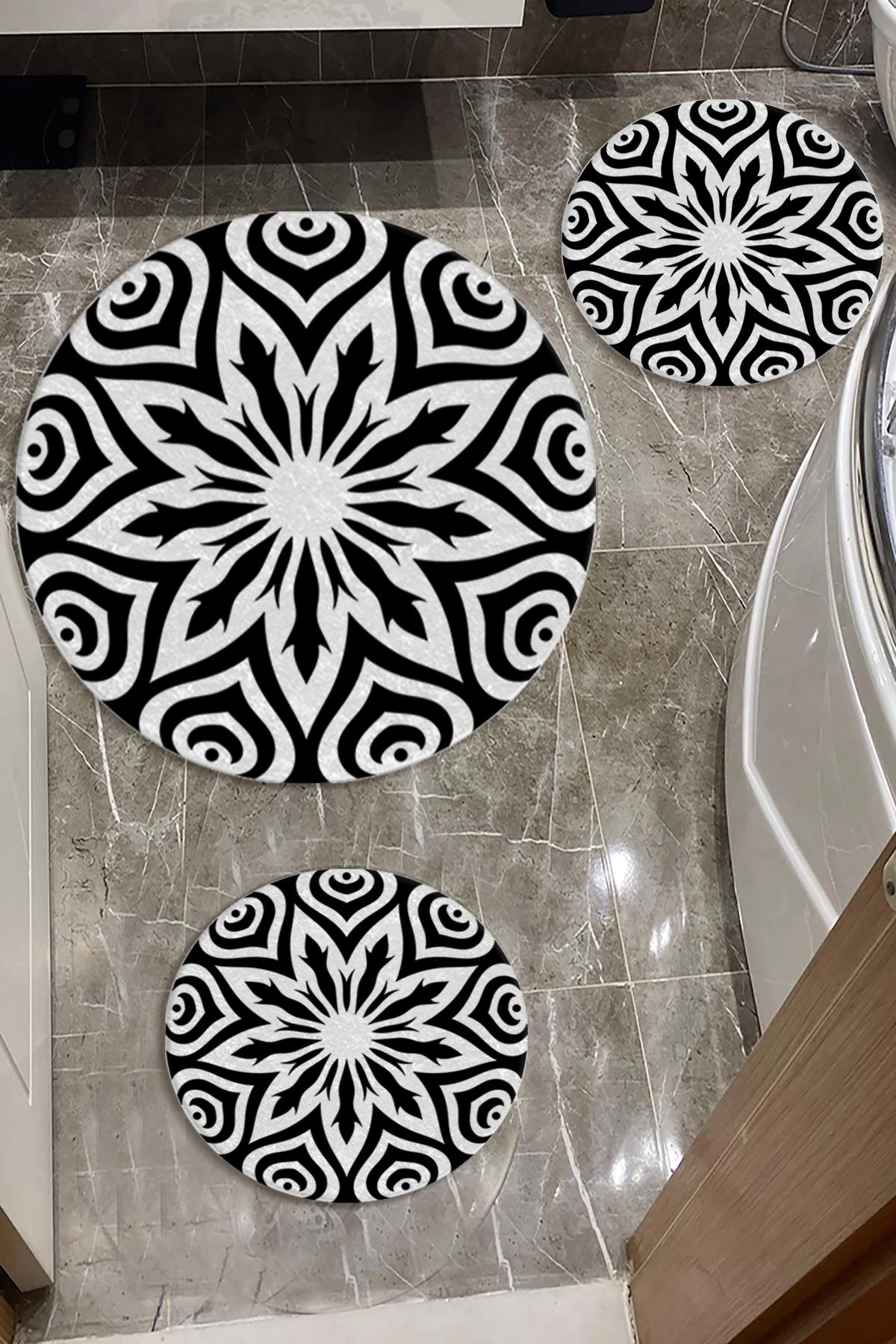 Siyah Beyaz Banyo Paspas Seti Dot Taban-Premium Serisi