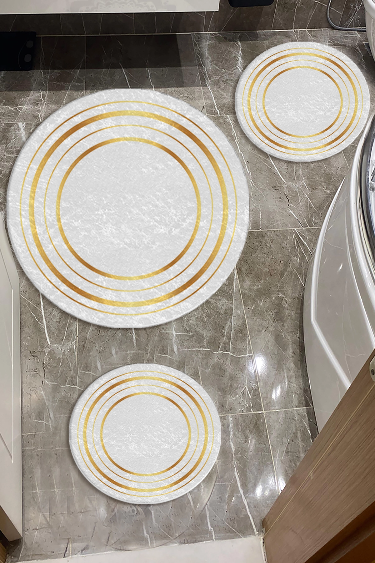 Gold Çizgiler Banyo Paspas Seti Dot Taban-Premium Serisi