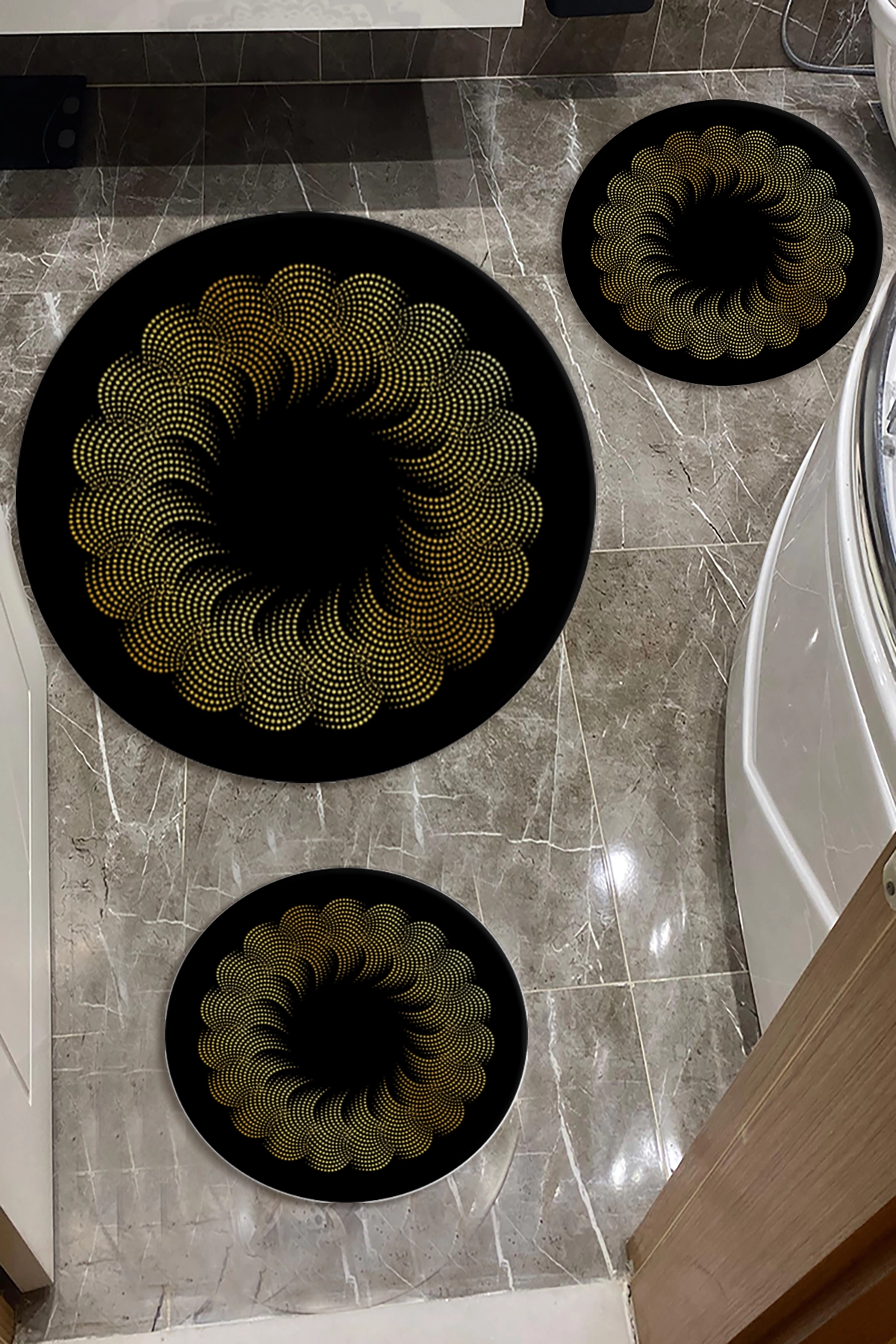 Siyah Zemin Gold Desenli Banyo Paspas Seti Dot Taban-Premium Serisi