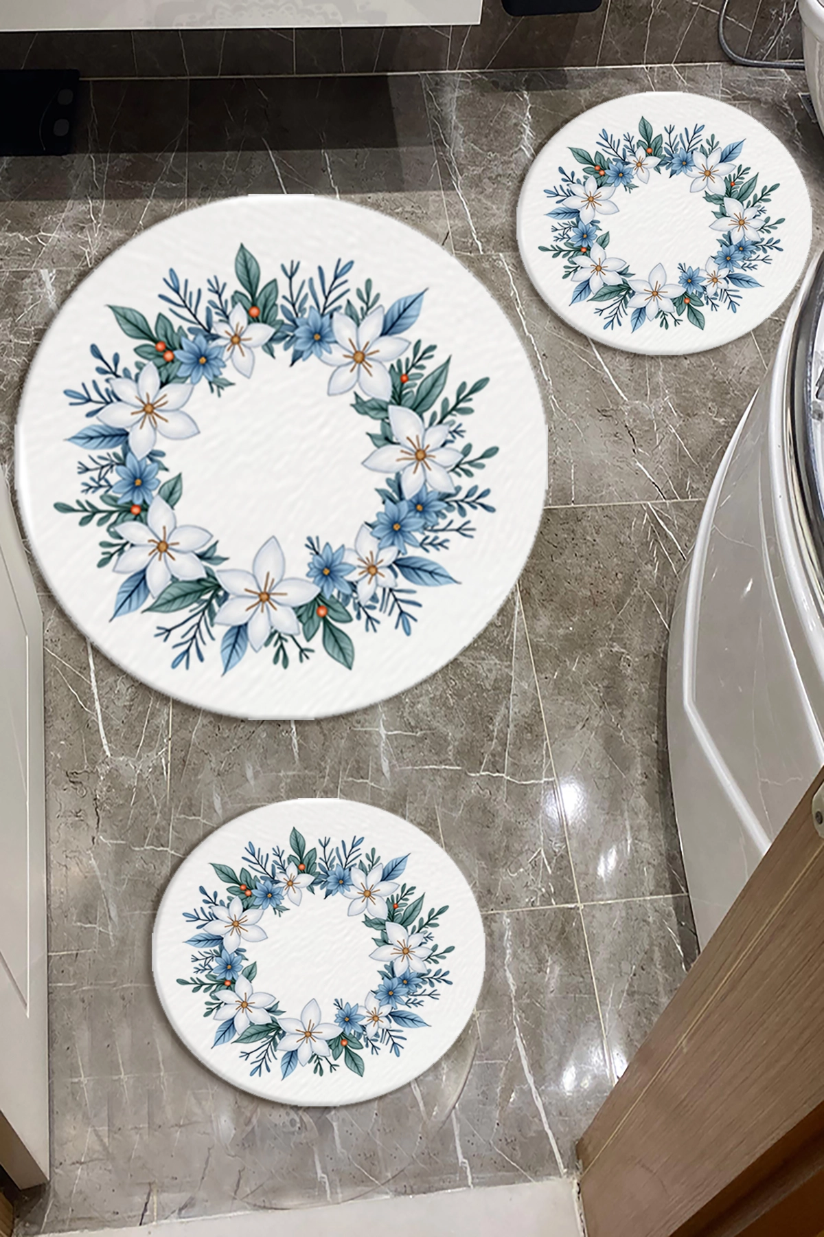 Beyaz Zemin Çiçekli Banyo Paspas Seti Kalın Kalite-Premium Serisi