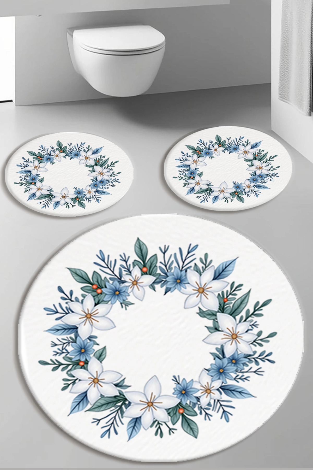  Beyaz Zemin Çiçekli Banyo Paspas Seti Kalın Kalite-Premium Serisi