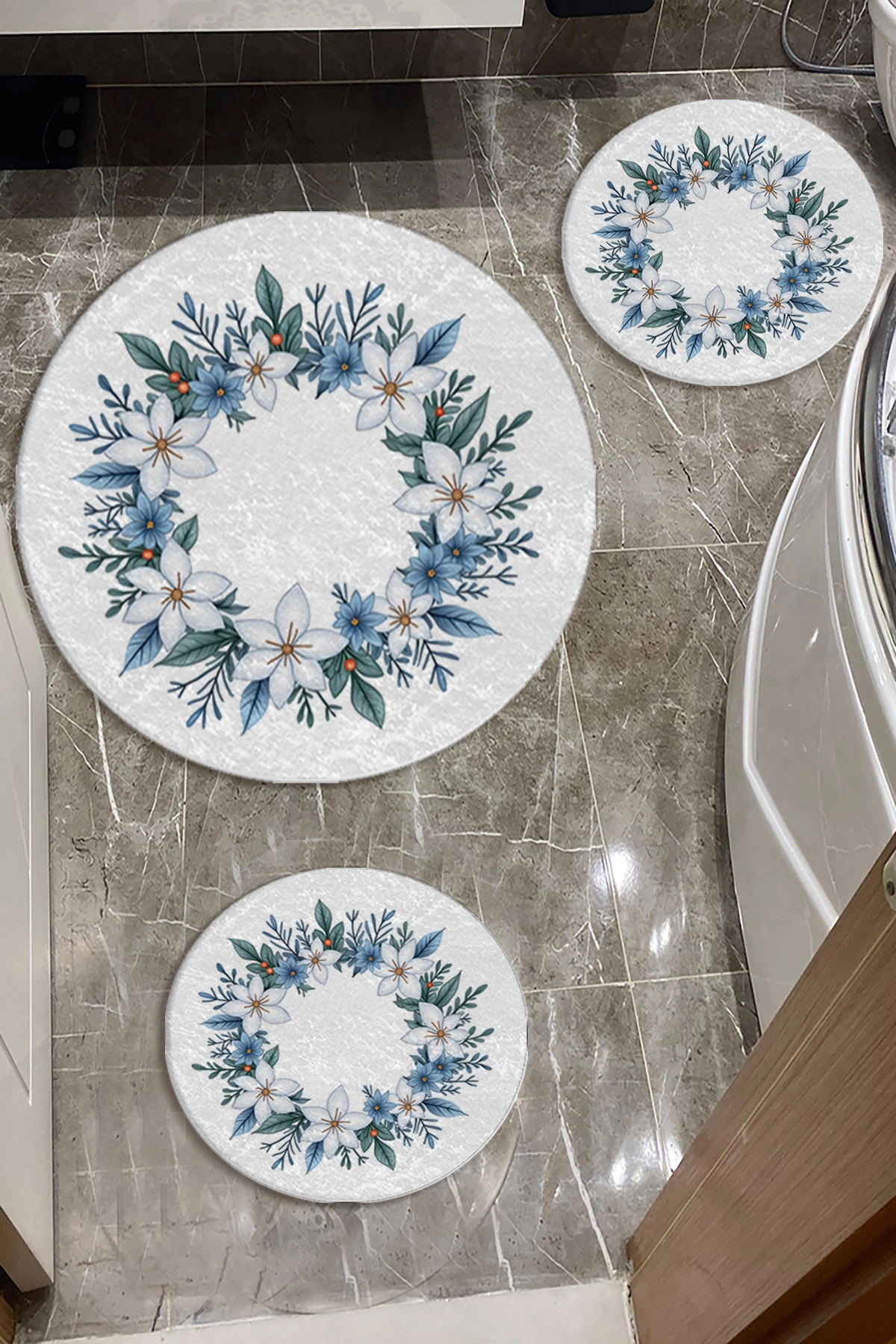 Beyaz Zemin Çiçekli Banyo Paspas Seti Dot Taban-Premium Serisi
