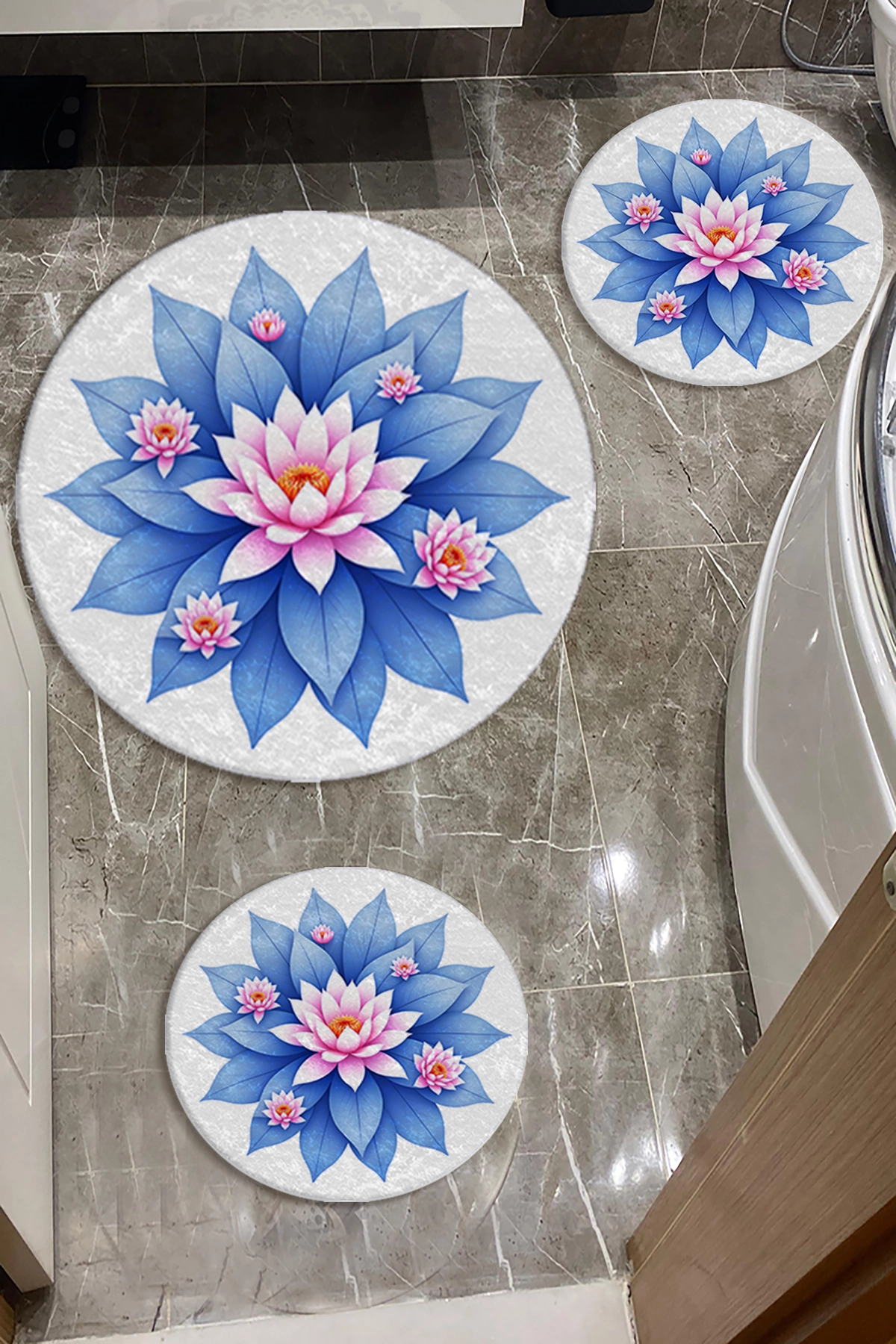 Lotus Çiçekli Banyo Paspas Seti Dot Taban-Premium Serisi