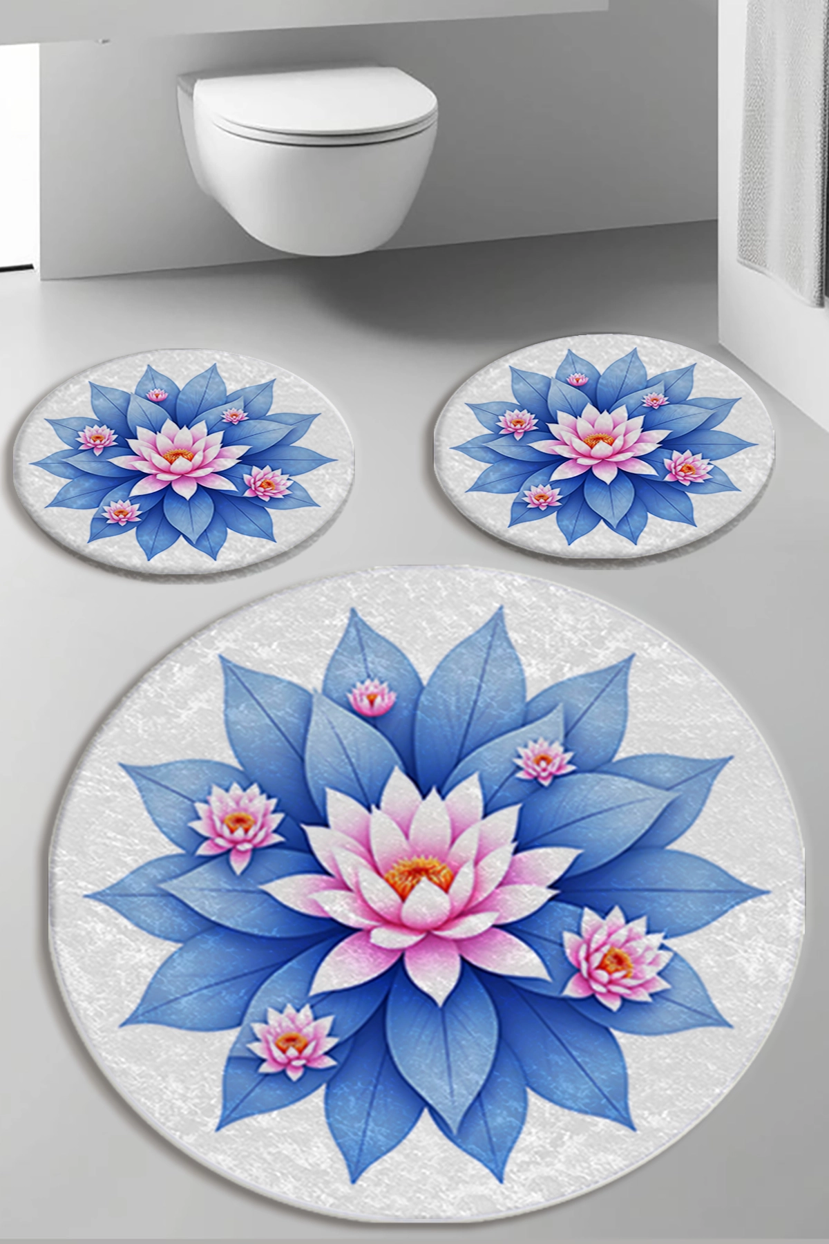 Lotus Çiçekli Banyo Paspas Seti Dot Taban-Premium Serisi