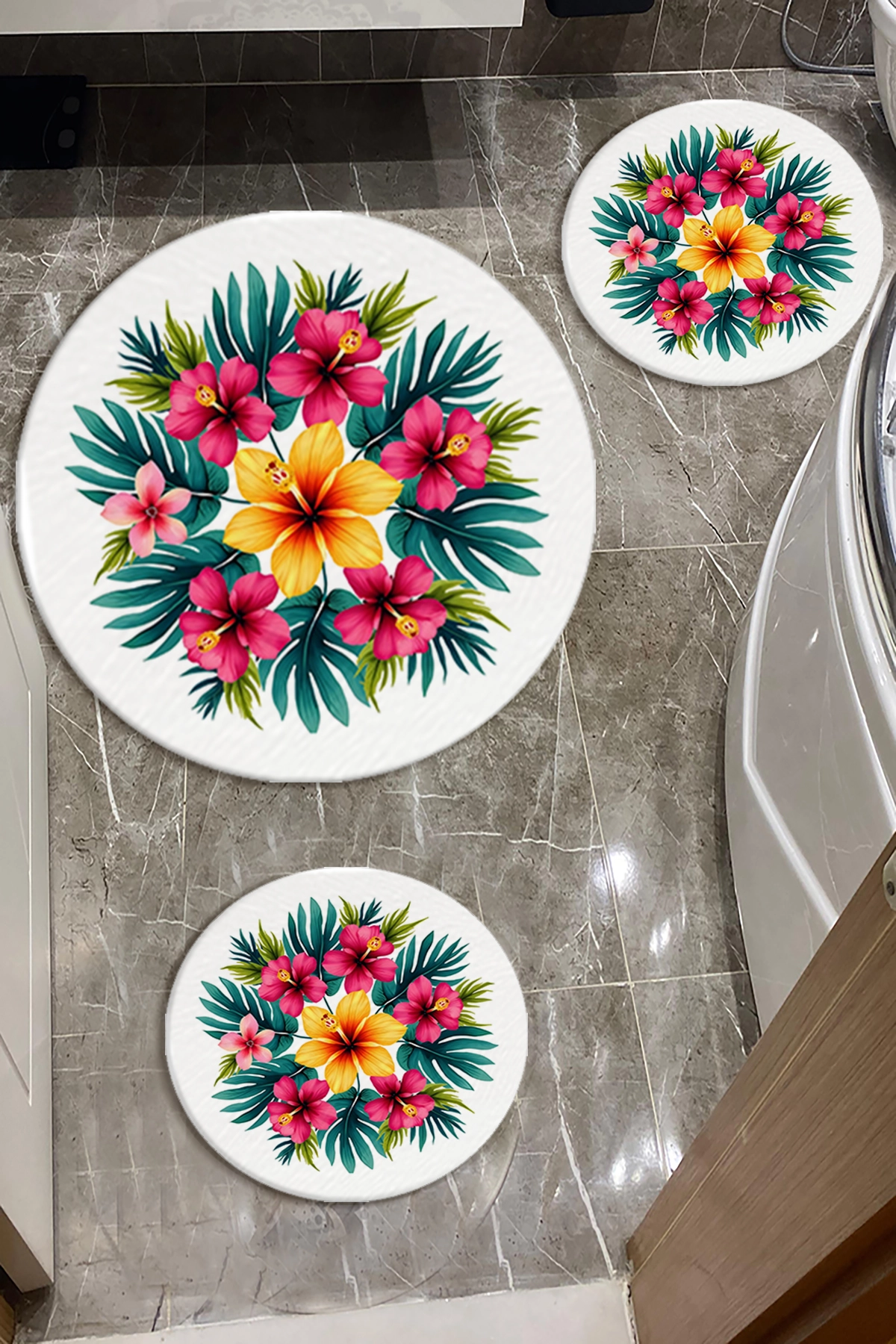 Tropikal Çiçekli Banyo Paspas Seti Kalın Kalite-Premium Serisi