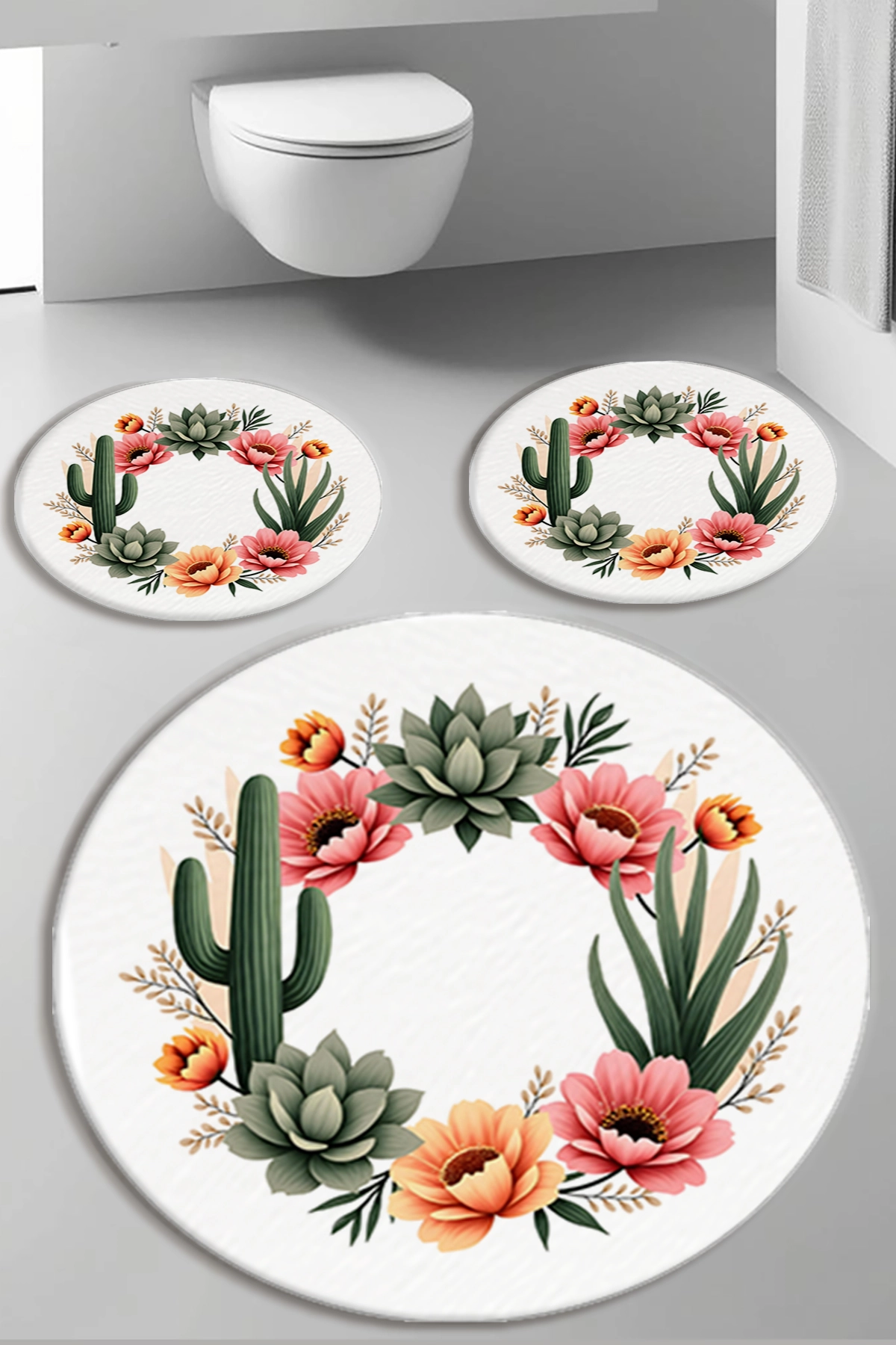 Kaktüslü Çiçekli Banyo Paspas Seti Kalın Kalite-Premium Serisi