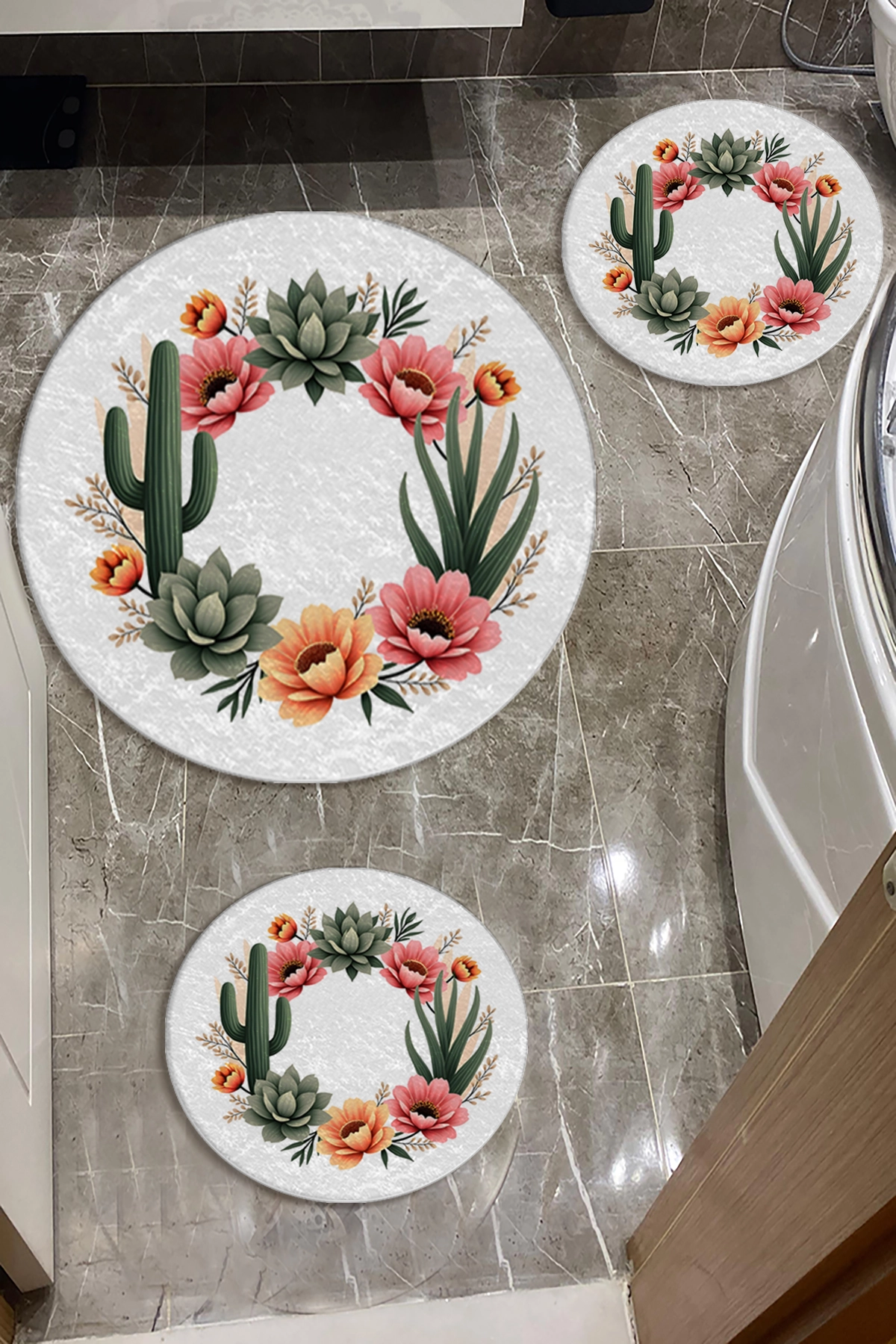 Kaktüslü Çiçekli Banyo Paspas Seti Dot Taban-Premium Serisi