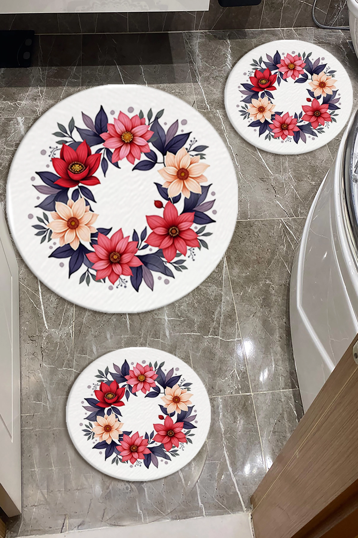 Renkli Çiçekli Banyo Paspas Seti Kalın Kalite-Premium Serisi