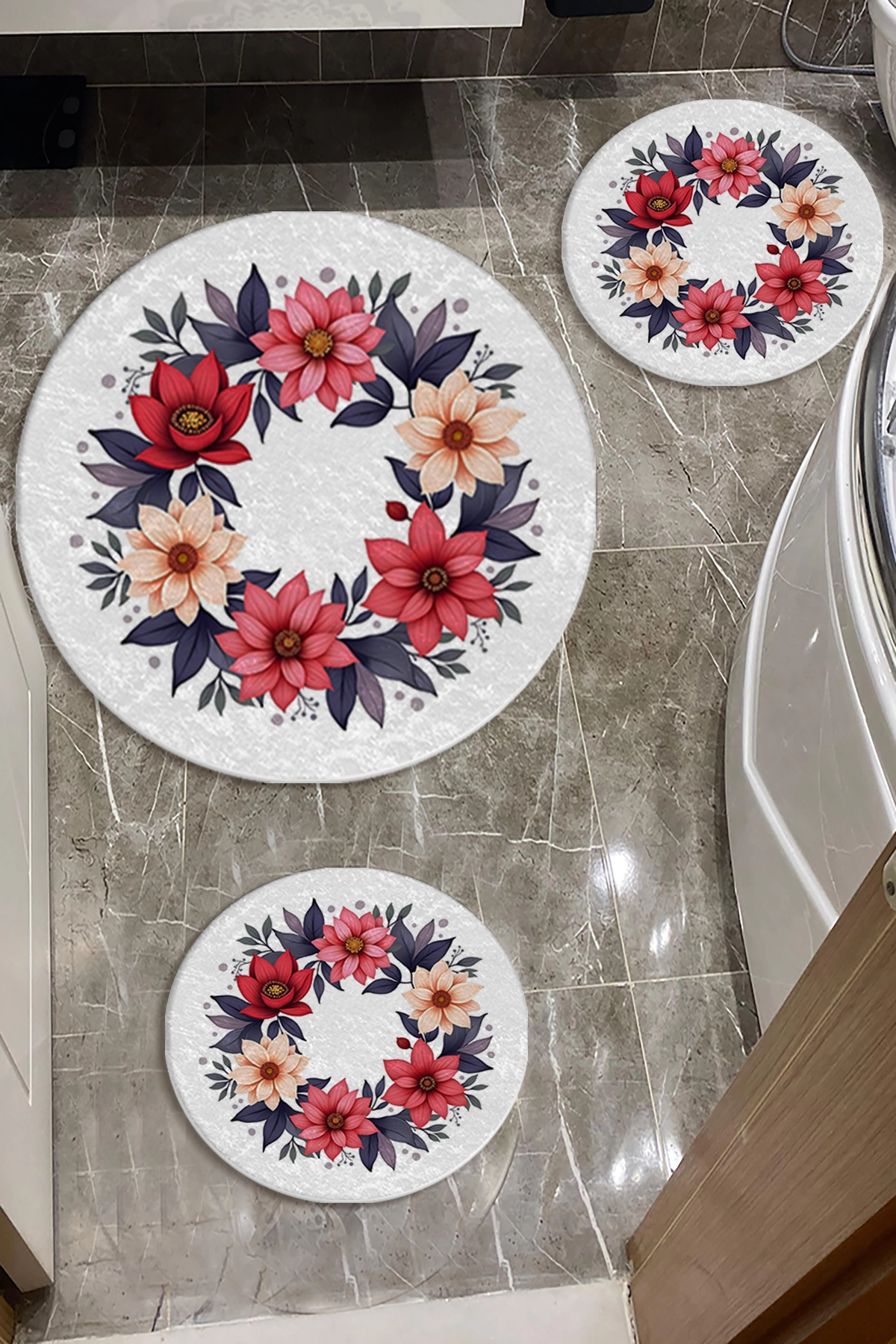Renkli Çiçekli Banyo Paspas Seti Dot Taban-Premium Serisi