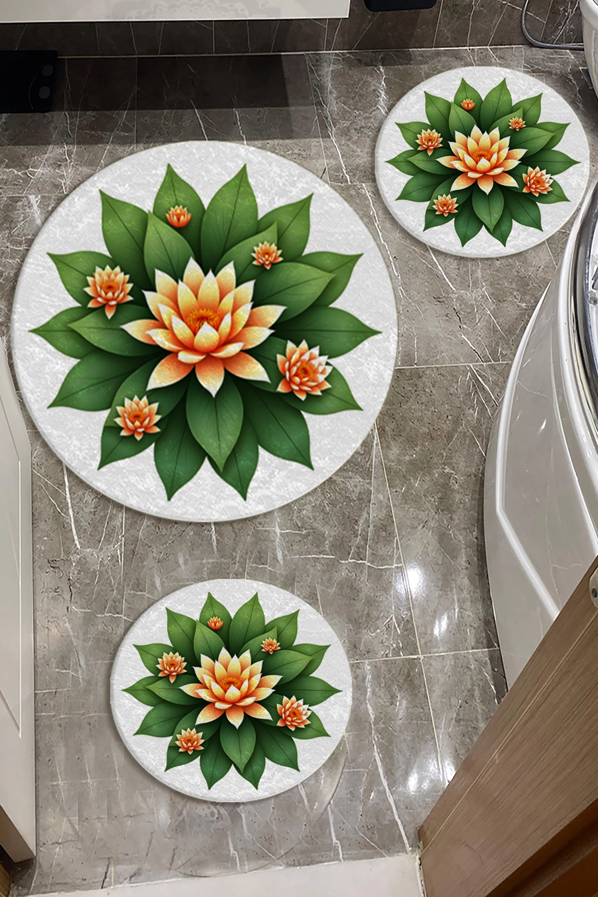Yeşil Lotus Çiçekli Banyo Paspas Seti Dot Taban-Premium Serisi