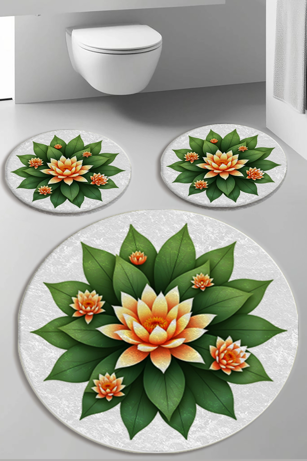 Yeşil Lotus Çiçekli Banyo Paspas Seti Dot Taban-Premium Serisi