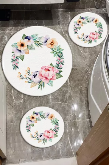 Evperest Çiçekli Üçlü Paspas Seti