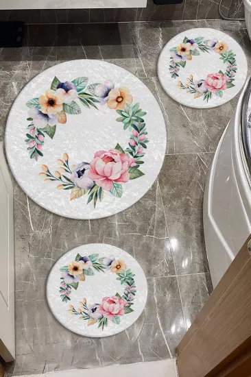 Çiçekli Dot Taban Üçlü Paspas Seti