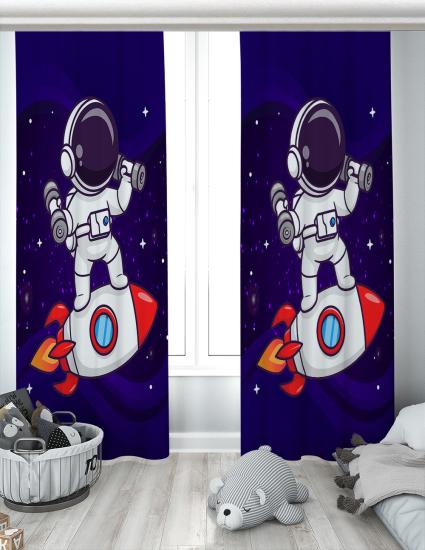 Evperest Astronot Çocuk Odası Çift Kanatlı Fon Perde EPP108