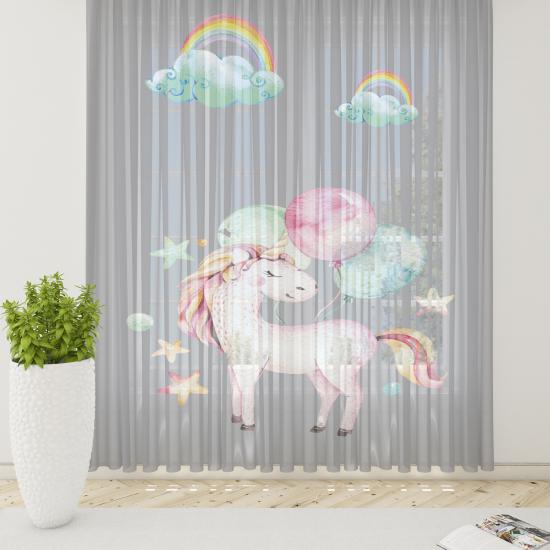 Unicornlu Bulutlu Gri Tül Perde