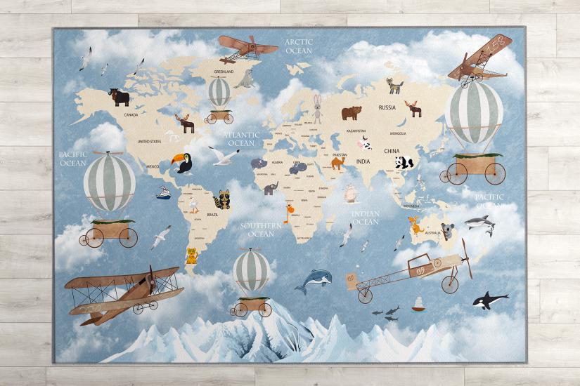 Dünya Haritalı Balonlu Uçaklı Çocuk Odası Halısı