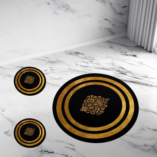 Evperest Banyo Paspas Seti / Siyah Zemin Gold Şerit Damask Model