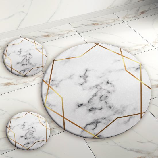 Evperest Gold Çizgili Mermer Desen Banyo Paspas Seti