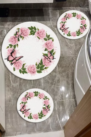 Evperest Pembe Güllü Üçlü Paspas Seti