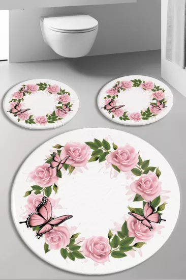 Evperest Pembe Güllü Üçlü Paspas Seti