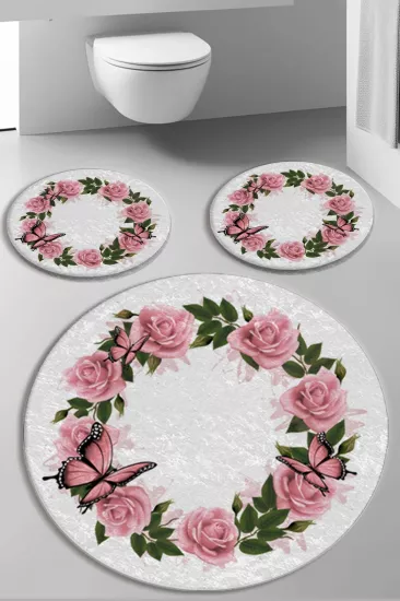 Evperest Pembe Güllü Dot Taban Üçlü Paspas Seti