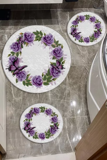 Evperest Mor Güllü Dot Taban Üçlü Paspas Seti