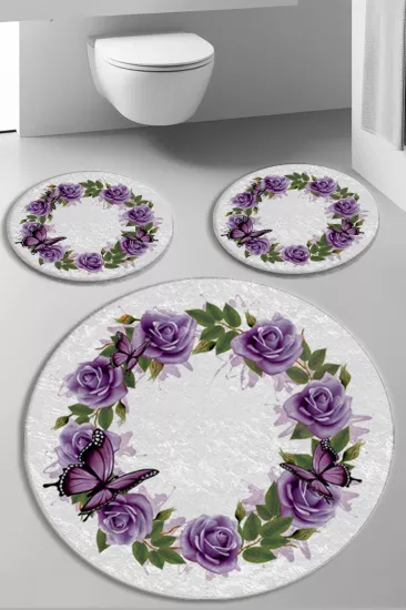 Evperest Mor Güllü Dot Taban Üçlü Paspas Seti