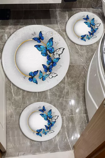 Evperest Mavi Kelebekli Üçlü Paspas Seti