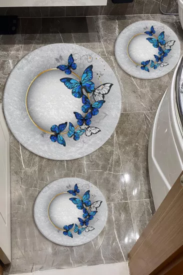 Evperest Mavi Kelebekli Dot Taban Üçlü Paspas Seti