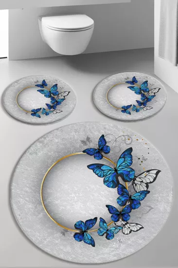 Evperest Mavi Kelebekli Dot Taban Üçlü Paspas Seti