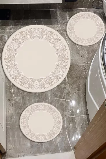 Barok Bej Desenli Üçlü Paspas Seti