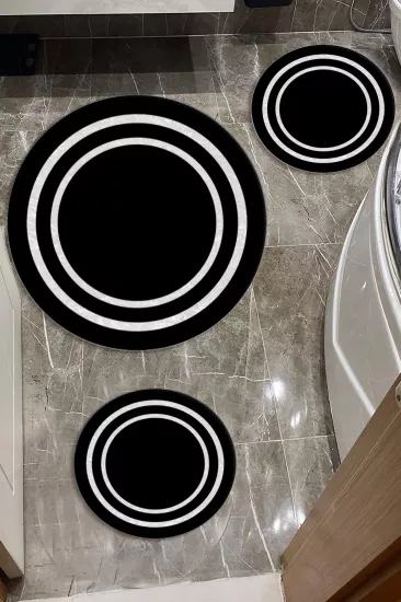 Evperest Siyah Zemin Beyaz Çizgili Dot Taban Üçlü Paspas Seti