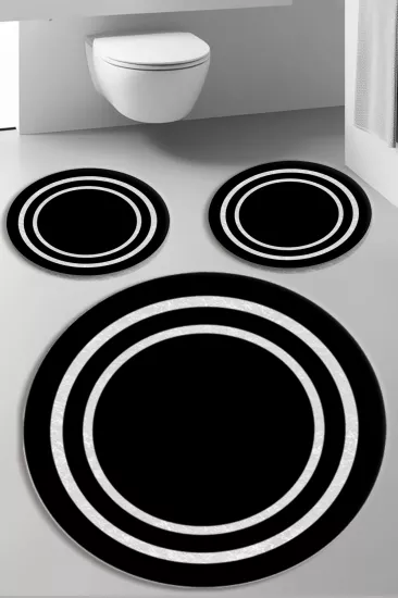 Evperest Siyah Zemin Beyaz Çizgili Dot Taban Üçlü Paspas Seti