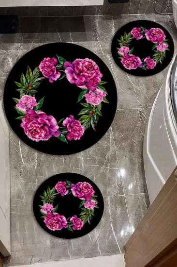 Evperest Çiçekli Siyah Zemin Üçlü Paspas Seti