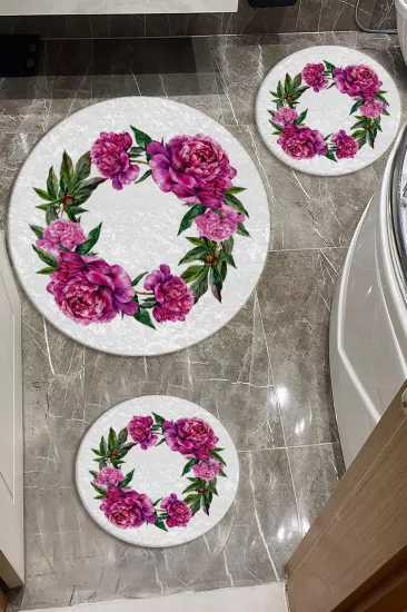 Evperest Çiçekli Beyaz Zemin Dot Taban Üçlü Paspas Seti