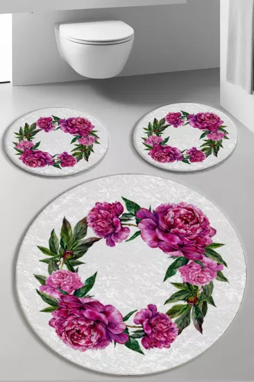 Evperest Çiçekli Beyaz Zemin Dot Taban Üçlü Paspas Seti